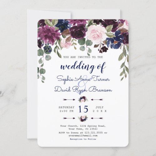 Chic Lavender Navy Blue Floral Bloom Wedding Invitation
