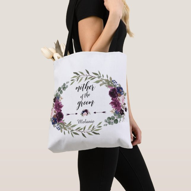 Chic Lavender Navy Blue Floral Mother of the Groom Tote Bag (Close Up)
