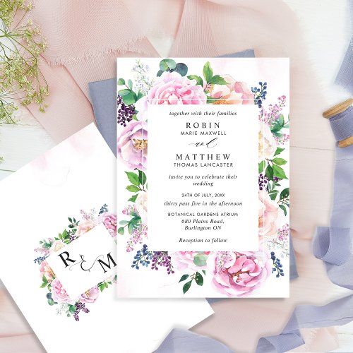 Chic Lavender Peach and Pink Pastel Floral Wedding Invitation