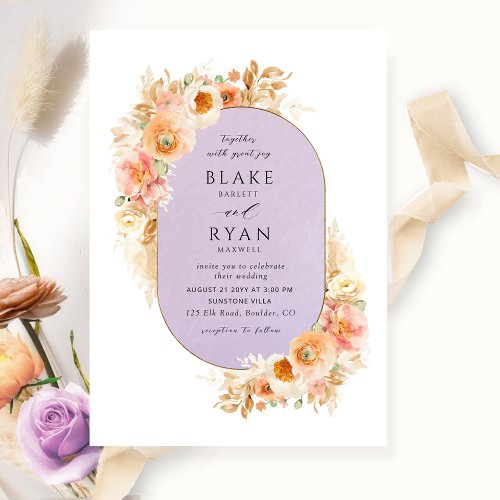 Chic Lavender Peach Blush and Cream Oval Wedding Invitation