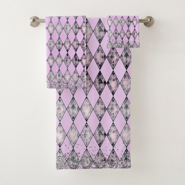 Chic Lavender Pink Glitter Harlequin  Bath Towel Set (Insitu)