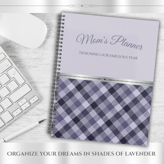 Chic Lavender Plaid Boutique Designer Style  Planner (Elegant lavender plaid planner with a refined silver metallic accent and script text)