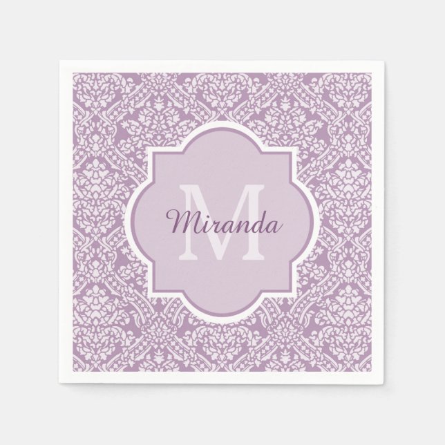 Chic Lavender Purple Damask Monogram With Name Napkins (Front)