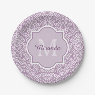 Chic Lavender Purple Damask Monogram With Name Paper Plates