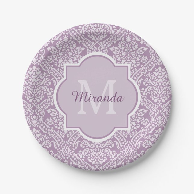 Chic Lavender Purple Damask Monogram With Name Paper Plates (Front)