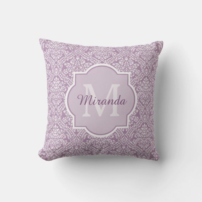 Chic Lavender Purple Damask Monogram With Name Throw Pillow (Front)