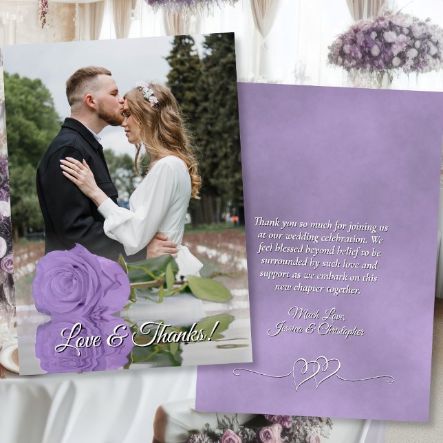 Chic Lavender Rose Elegant Wedding Photo Overlay Thank You Card (Front/Back)