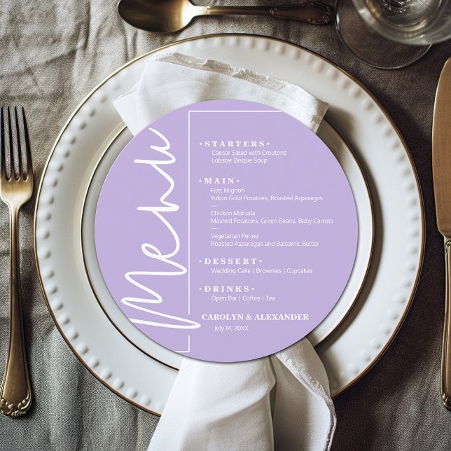 Chic Lavender Round Menu (Chic lavender round menu with your choices in white lettering. )