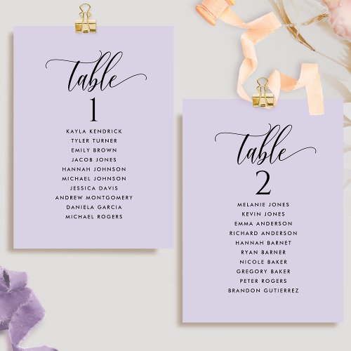 Chic Lavender Seating Plan Cards with Guest Names 