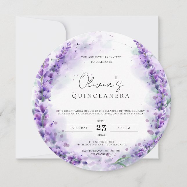 Chic Lavender Watercolor Modern Photo Quinceanera Invitation (Front)