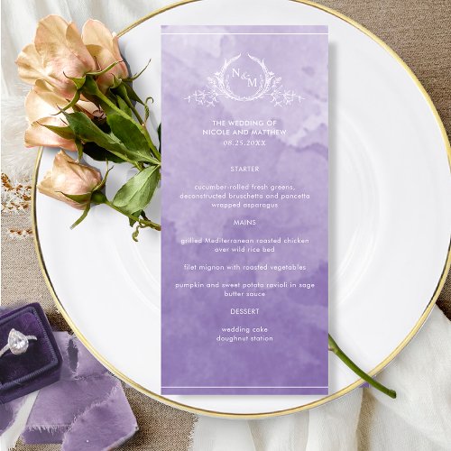 Chic Lavender Watercolor Monogram Wedding Menu