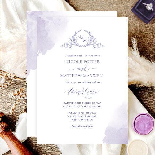 Chic Lavender Watercolor Stains Monogram Wedding Invitation