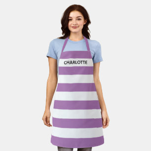 Chic lavender white stripes custom name monogram apron