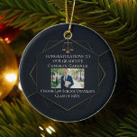 Chic Law School Photo Graduation Christmas Ceramic Ornament<br><div class="desc">This chic custom law school graduation Christmas ornament features a gold geometric hexagon design with scales of justice placed above a photo of the graduate. Modern elegant photograph keepsake gift for a new lawyer graduating with the class of 2025.</div>