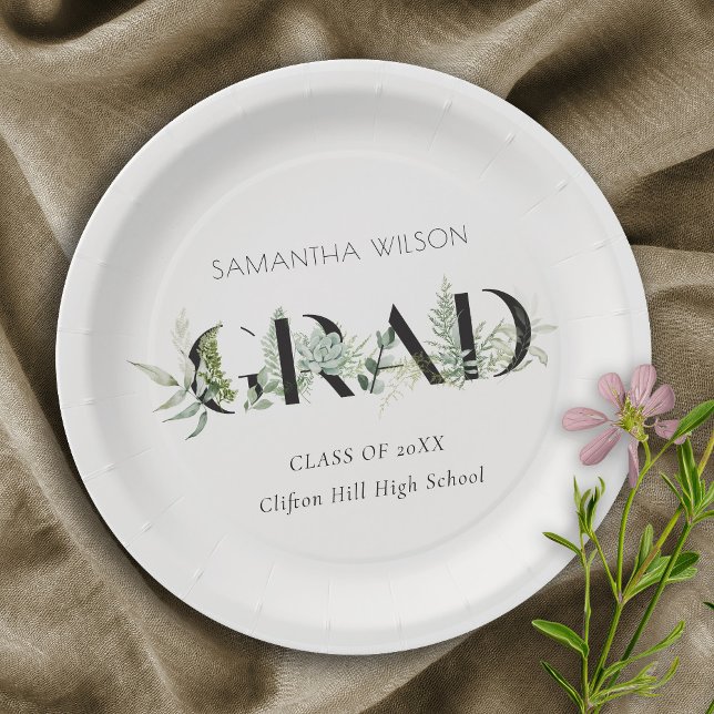 Chic Leafy Fern Succulent Green Foliage Graduation Paper Plates (Creator Uploaded)