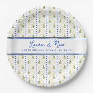 Chic Lemon Citrus Blue and Yellow Summer Wedding Paper Plates