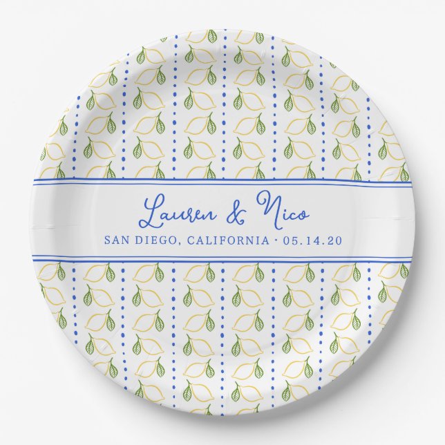 Chic Lemon Citrus  Blue and Yellow Summer Wedding Paper Plates (Front)