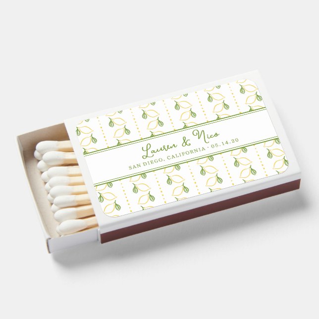 Chic Lemon Citrus  Elegant Custom Summer Wedding Matchboxes (Front Open)