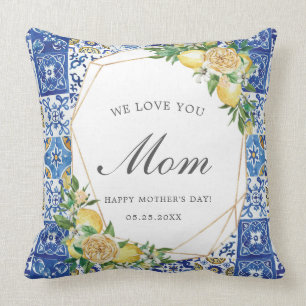Chic Lemon Citrus Mediterranean Mosaic Tiles Mom Throw Pillow