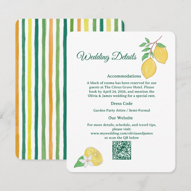 Chic Lemon Citrus Wedding Details Enclosure Card (Front/Back)