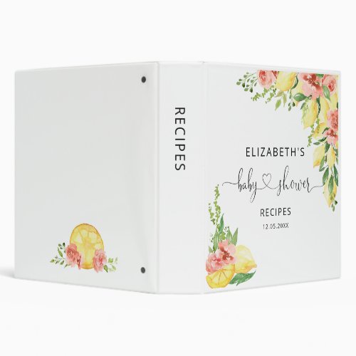 Chic Lemon Flora Bridal Shower Recipe Book 3 Ring  3 Ring Binder