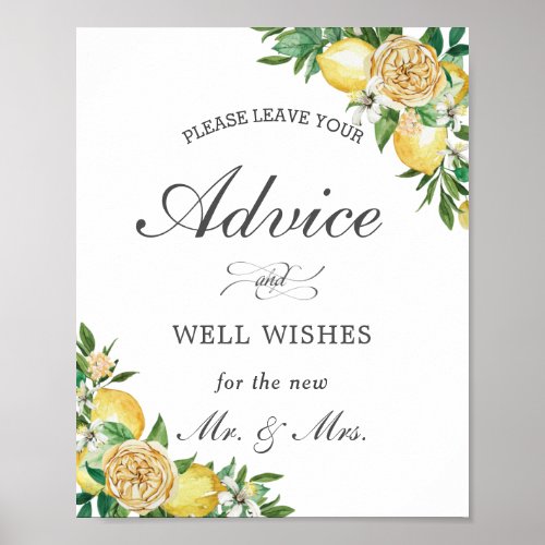 Chic Lemon Floral Advice and Wishes Wedding Sign
