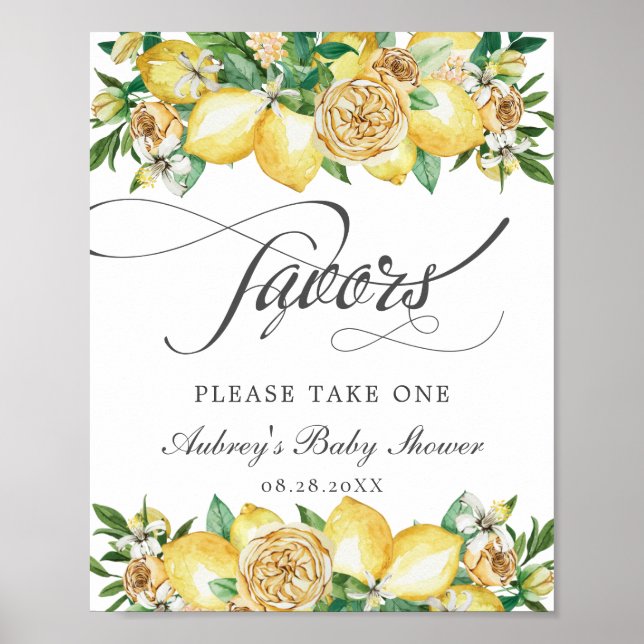 Chic Lemon Floral Favors Baby Bridal Shower Sign (Front)