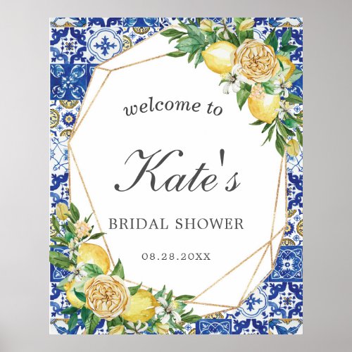Chic Lemon Floral Geometric Bridal Shower Welcome Poster