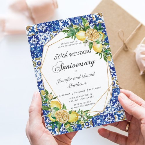 Chic Lemon Floral Geometric Wedding Anniversary Invitation