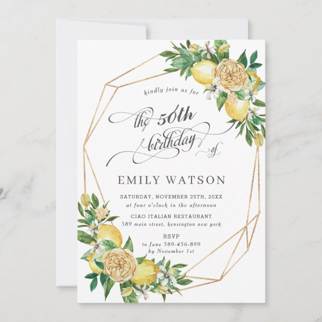 Chic Lemon Floral Greenery Geometric 50th Birthday Invitation (Front)