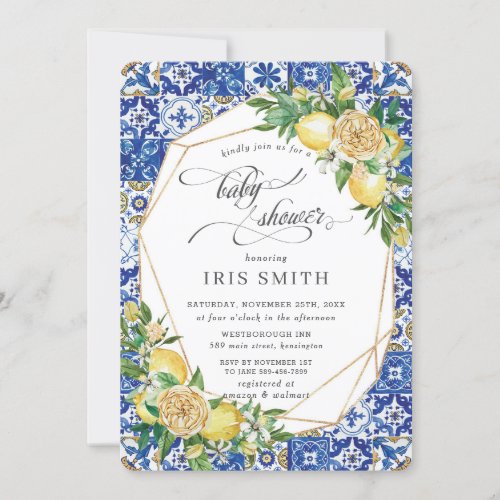 Chic Lemon Floral Greenery Geometric Baby Shower Invitation