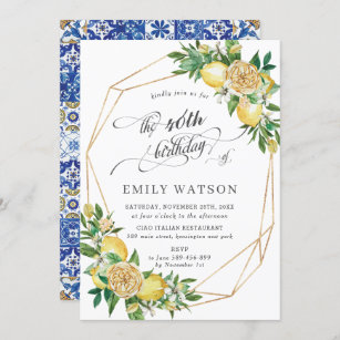 Chic Lemon Floral Greenery Geometric Birthday Invitation