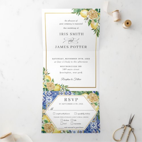 Chic Lemon Floral Greenery Gold Wedding RSVP Tri_Fold Invitation