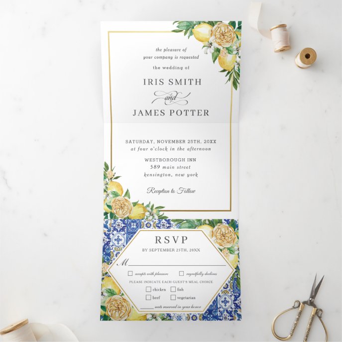Chic Lemon Floral Greenery Gold Wedding RSVP Tri-Fold Invitation