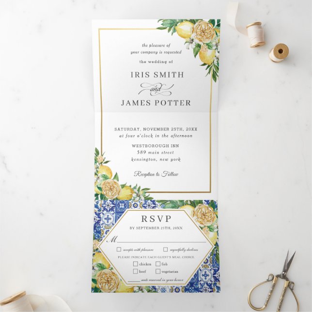 Chic Lemon Floral Greenery Gold Wedding RSVP Tri-Fold Invitation (Inside)
