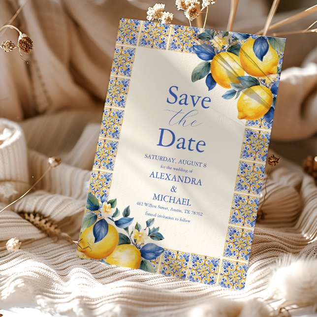 Chic Lemon Floral Greenery Mediterranean Wedding Save The Date (Creator Uploaded)