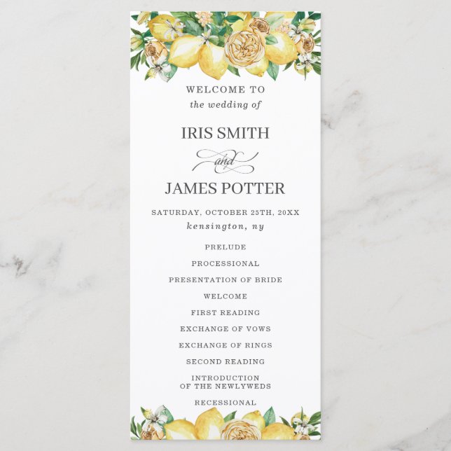 Chic Lemon Floral Mediterranean Wedding Program (Front)