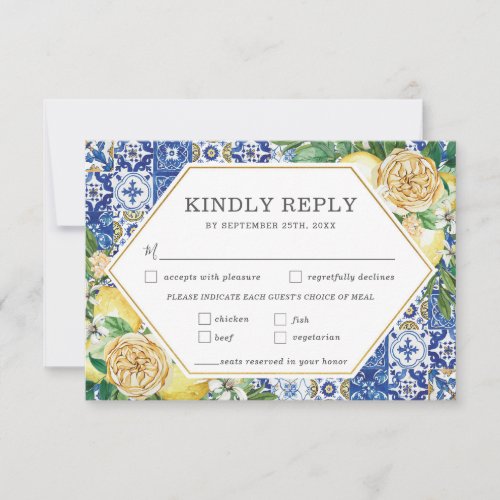 Chic Lemon Floral Wedding Meal Choice Mosaic Tiles RSVP Card