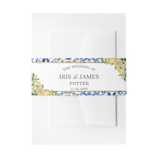 Chic Lemon Greenery Floral Gold Wedding Invitation Belly Band (Front Example)