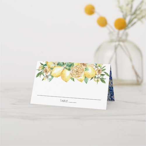 Chic Lemon Greenery Floral Mediterranean Wedding Place Card