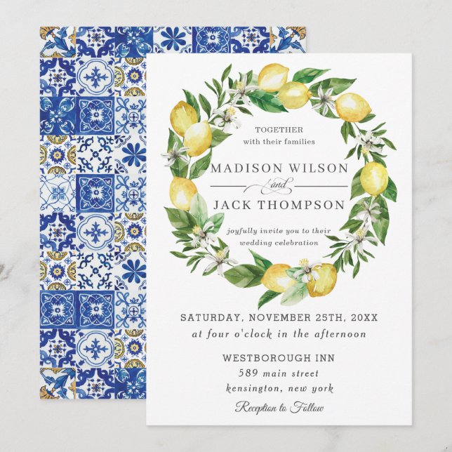 Chic Lemon Greenery Floral Wreath Wedding Invitation (Front/Back)