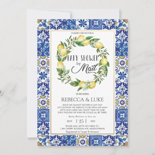 Chic Lemon Mediterranean Baby Shower by Mail Invitation (Front)