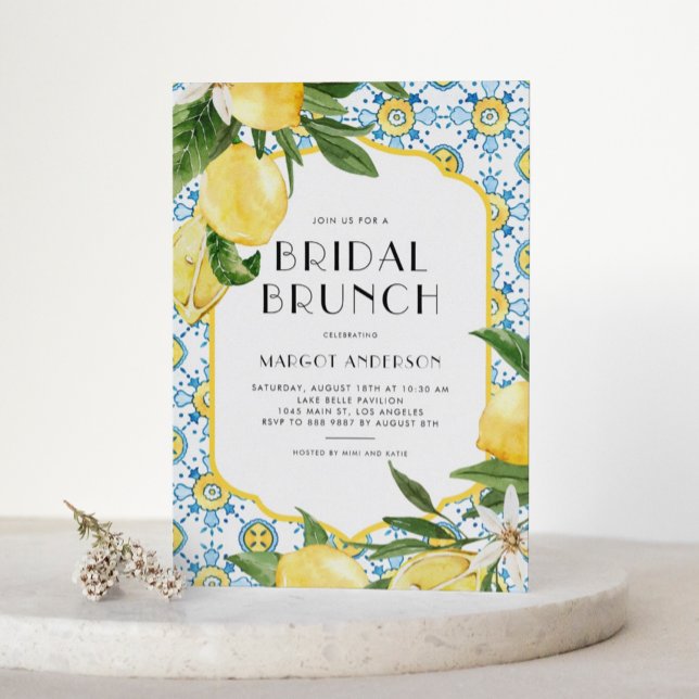 Chic Lemon Mediterranean Summer Bridal Brunch Invitation (Customizable Mediterranean-theme bridal brunch invitation featuring Moroccan tile and lemon design.)