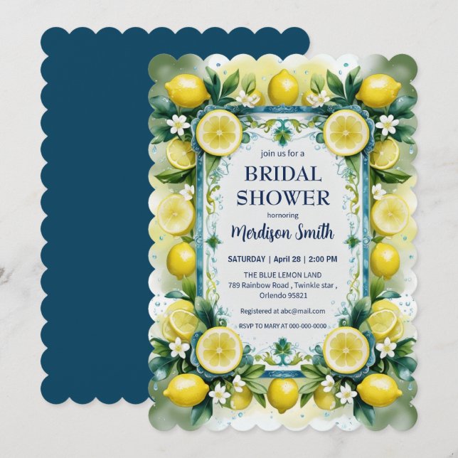Chic Lemon Mediterranean Summer Bridal Shower   Invitation (Front/Back)