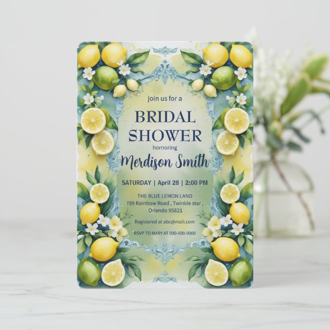 Chic Lemon Mediterranean Summer Bridal Shower   Invitation (Standing Front)