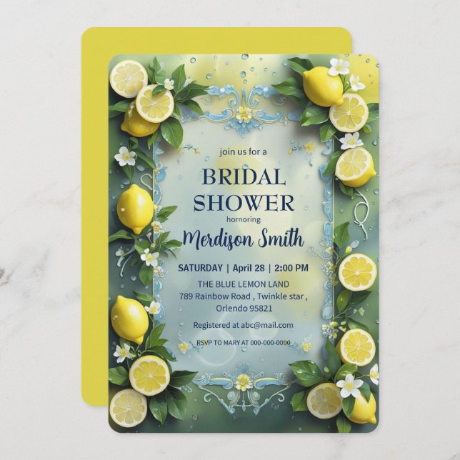 Chic Lemon Mediterranean Summer Bridal Shower   Invitation (Front/Back)