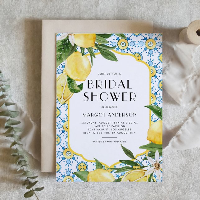 Chic Lemon Mediterranean Summer Bridal Shower Invitation (Customizable Mediterranean-theme bridal shower invitation featuring Moroccan tile and lemon design.)