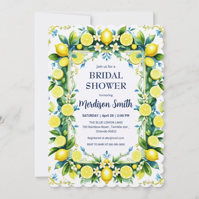 Chic Lemon Mediterranean Summer Bridal Shower   Invitation (Front)