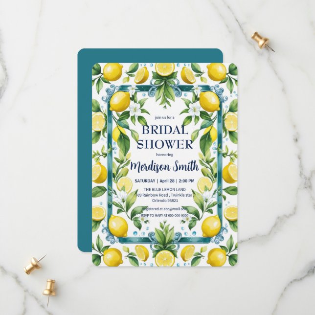 Chic Lemon Mediterranean Summer Bridal Shower   Save The Date (Front/Back In Situ)