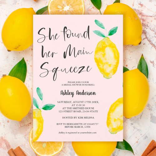 Chic lemon watercolor summer squeeze bridal shower invitation